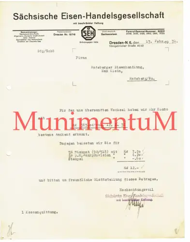 Sächsische Eisenhandelsgesellschaft DRESDEN Sachseneisen Rechnung Offerte 1931