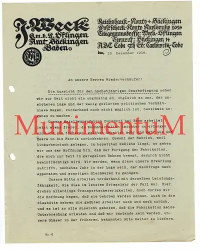 J. Weck ÖFLINGEN, Bad Säckingen, Metallwarenfabrik DUISDORF - Ausblick auf 1919