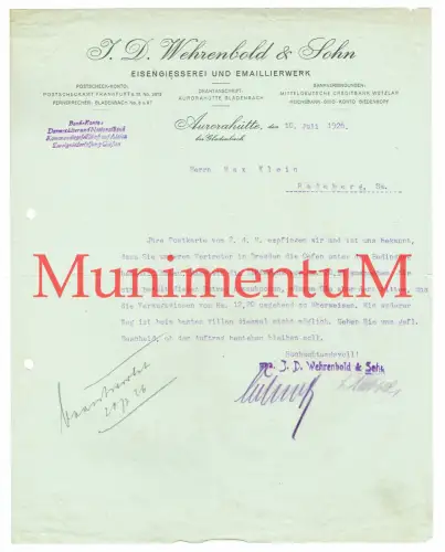 Eisengießerei und Emaillierwerk AURORAHÜTTE bei GLADENBACH Marburg Rechnung 1926