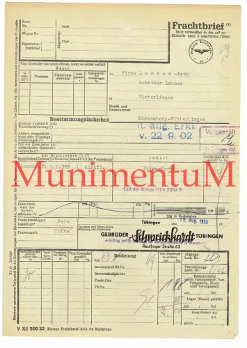 Frachtbrief Gebrüder Schweikhardt TÜBINGEN 1953 nach WINTERLINGEN