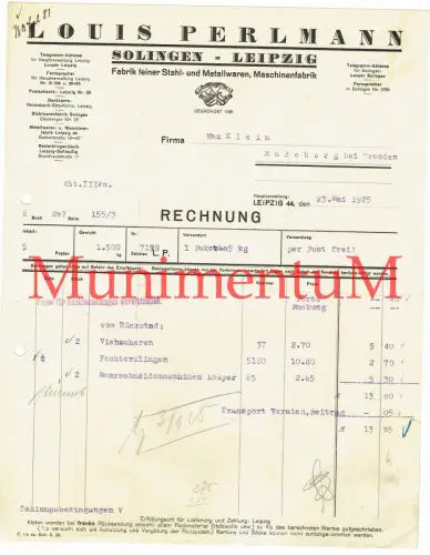 L. Perlmann SOLINGEN LEIPZIG Fabrik feiner Stahl- und Metallwaren Rechnung 1925