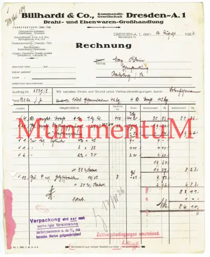 Billhardt & Co Kommanditgesellschaft Draht- Eisenwaren-Großhandlung DRESDEN 1926