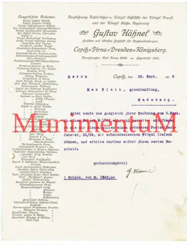 Geschäft Dacheindeckungen Gustav Hähnel COPITZ PIRNA DRESDEN KÖNIGSBERG Re. 1919