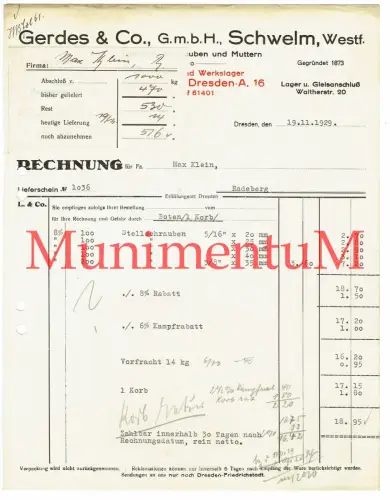 Gerdes & Co. GmbH, SCHWELM i. Westfalen , Werkslager DRESDEN | Rechnung 1929
