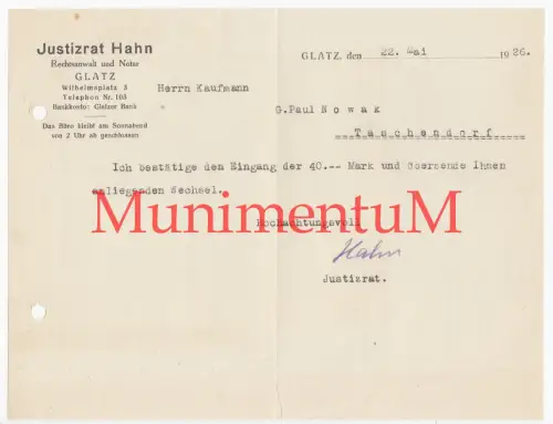 Justizrat Hahn GLATZ / Neiße in SCHLESIEN | Rechnung Wechsel Schreiben 1926
