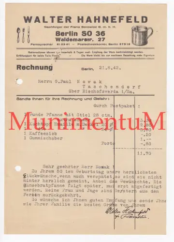Walter Hahnefeld BERLIN Nachf. Borowicz | Rechnung Signatur Glückwunsch 1942