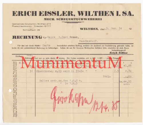 Erich EISSLER Mech. Scheuertuchweberei WILTHEN | Rechnung Reklame Offerte 1934