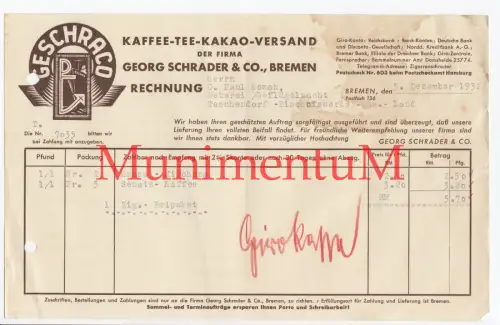 Kaffee-Tee-Kakao Versand Schrader & Co. BREMEN | Rechnung 1932 über Senatskaffee
