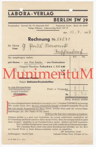 Labora-Verlag BERLIN | Rechnung 1937 Reklame-Plakate Flasche Tabakex