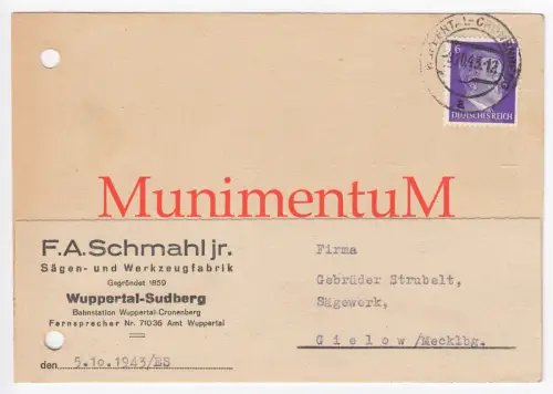 Sägen- & Werkzeugfabrik Schmahl WUPPERTAL SUDBERG - Rechung Postkarte 1943
