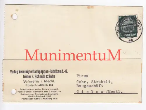 Vedag Vereinigte Dachpappen-Fabriken AG SCHWERIN - Rechnung Mahnung Reklame 1938