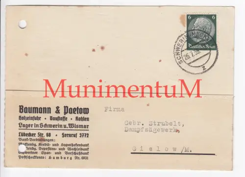 Holzeinfuhr Baustoffe Kohlen Baumann & Paetow SCHWERIN - Anfrage Postkarte 1939