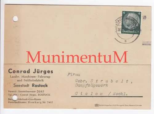 Landw. Maschinen  Fzg.- & Feldbahnfabrik C. Jürges Seestadt ROSTOCK Rechnung1938