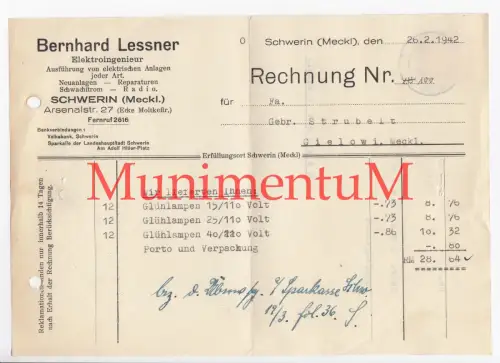 Elektroingenieur B. Lessner SCHWERIN - Rechnung Reklame 1942 über Glühlampen