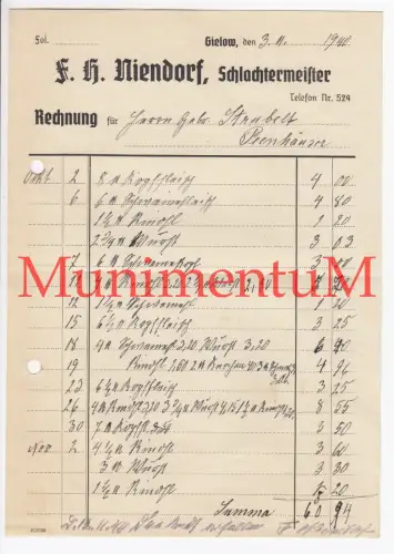 Schlachtermeister Niendorf GIELOW in Mecklenburg - Rechnung Offerte Reklame 1940