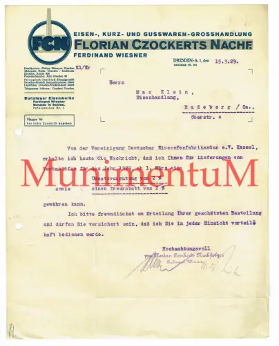 Eisen- Kurz- & Gusswaren-Handlung Czockerts Nachf. DRESDEN Eisenofen KASSEL 1929