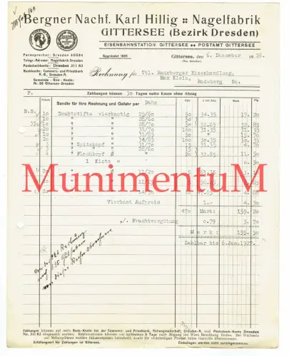 Bergner Nachf. Karl Hillig Nagelfabrik in GITTERSEE Bez. DRESDEN | Rechnung 1926
