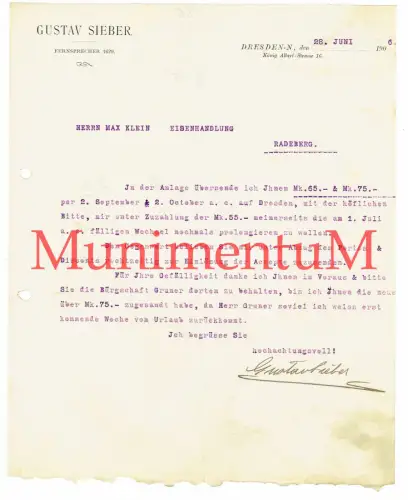 Gustav Sieber DRESDEN - Rechnung Reklame mit Hinweis auf Wechsel / Scheck 1906