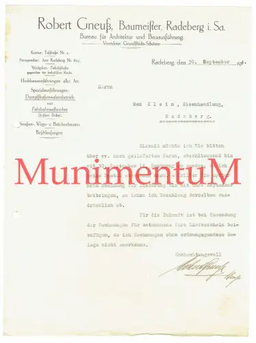 Büro für Architektur Baumeister Robert Gneuß RADEBERG i. Sachsen - Rechnung 1914