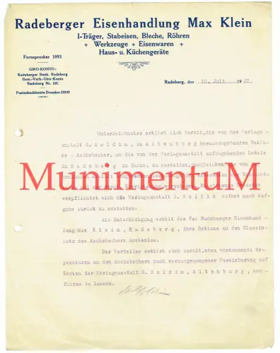 Eisenhandlung Max Klein RADEBERG Sachsen 1927 | Verlagsanstalt Soldin Altenburg