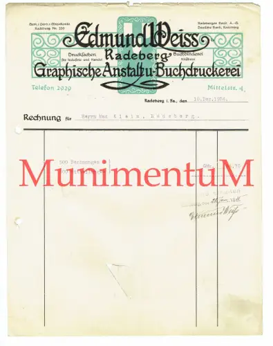 Graphische Anstalt & Buchdruckerei RADEBERG Edmund Weiß | Rechnung Offerte 1924
