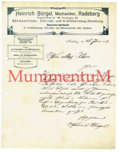 Mechaniker Bürgel RADEBERG - Fahrrad- & Kraftfahrzeug-Handlung | Rechnung 1907