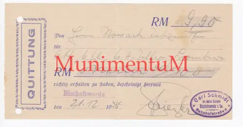Carl Schmidt Inh. M. Striegler BISCHOFSWERDA Quittung Prima Wechsel Scheck 1938