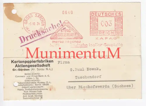 Kartonpapier-Fabrik GROSS SÄRCHEN, Kreis SORAU, Postkarte Anfrage Rechnung 1934
