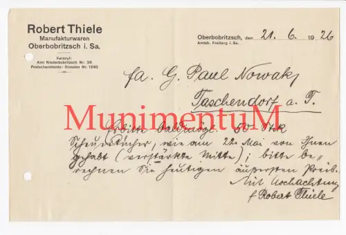 Manufakturwaren Robert Thiele OBERBOBRITZSCH, FREIBERG i. Sachsen, Rechnung 1926