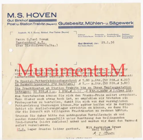 Hoven Gut BIRKHOF Station TRAIBITZ Gutsbesitz, Mühlen- & Sägewerk Rechnung 1936