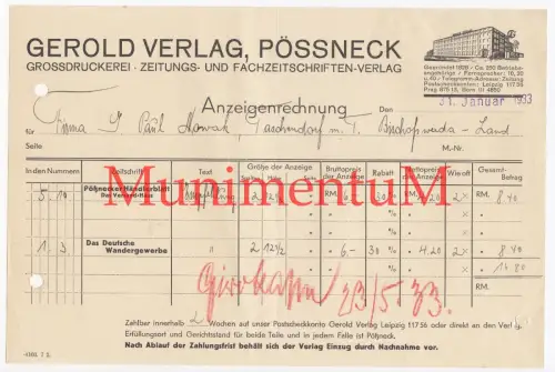 Gerold Verlag PÖSSNECK Grossdruckerei Fachzeitschriften Rechnung f. Anzeige 1933