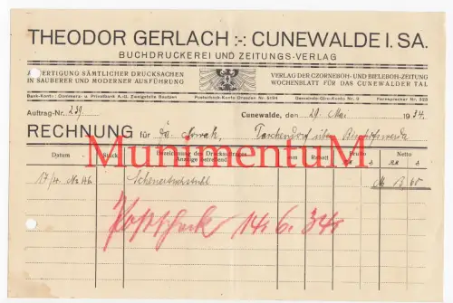 Theodor Gerlach CUNEWALDE Sachsen Buchdruckerei & Zeitungs-Verlag Rechnung 1934