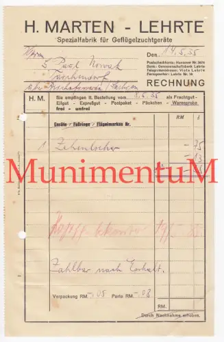 Spezialfabrik für Geflügelzuchtgeräte H. Martein LEHRTE - Rechnung Werbung 1935