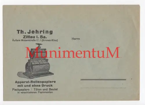 Apparat-Rollenpapiere Jehring ZITTAU - Kuvert Werbung Reklame 1930er / 1940er