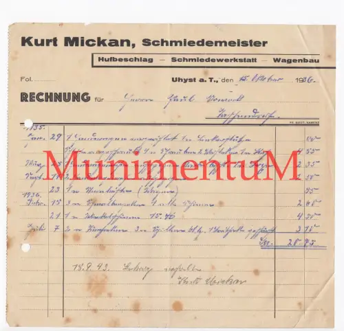 Schmiedemeister Kurt Mickan UHYST a.T. Wagenbau Hufbeschlag Rechnung 1936