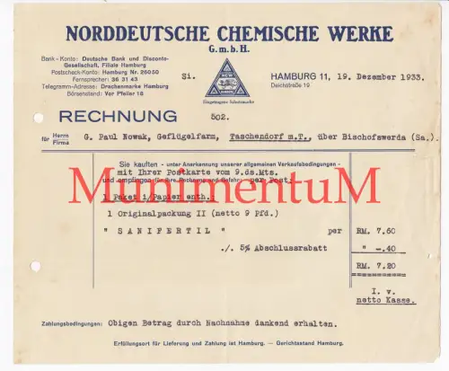 Norddeutsche Chemische Werke HAMBURG | Rechnung Reklame Werbung Offerte 1933