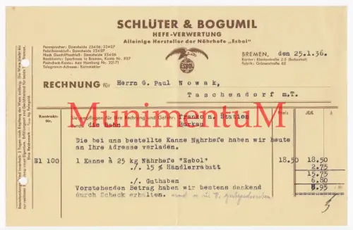 Schluter & Bogumil Hefe-Verwertung "Esbol" BREMEN |Rechnung 1936 Offerte Reklame