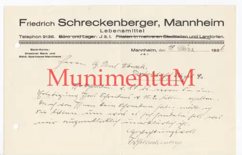 Fr. Schreckenberger Lebensmittel MANNHEIM | Rechnung Reklame Offerte 1936