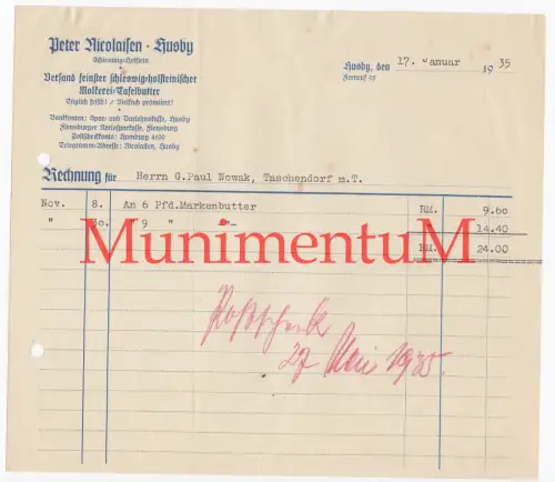 Molkerei-Tafelbutter P. Nicolaisen HUSBY, Schleswig | Rechnung Werbung 1935