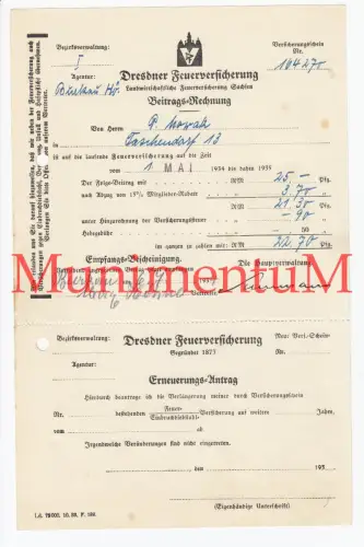 Beitrags-Rechnung 1934/35 Dresdner (landw.) Feuerversicherung TASCHENDORF