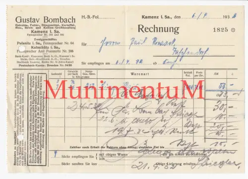 Gustav Bombach KAMENZ Rechnung Werbung 1932 | PULSRITZ POMMRITZ KUBSCHÜTZ