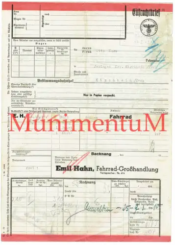 Frachtbrief Fahrrad-Großhandlung E. Hahn BACKNANG Württemberg n. KIRCHHEIM /Teck