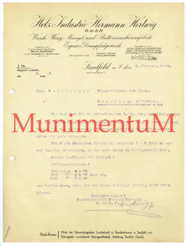 Buttermaschinenfabrik & Dampfsägewerk H. Hertwig SAALFELD 1920 Offerte Rechnung