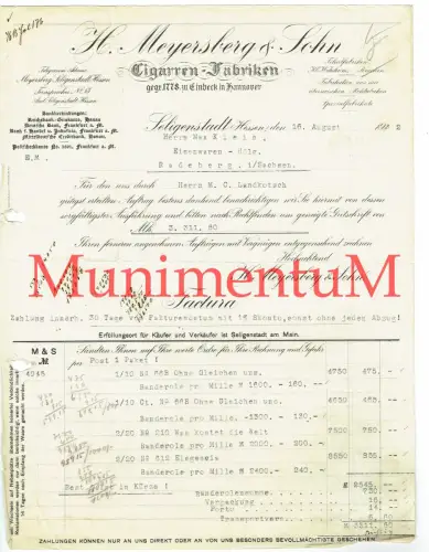 Meyersberg & Sohn SELIGENSTADT Cigarren-Fabriken gegr 1778 EINBECK Rechnung 1922