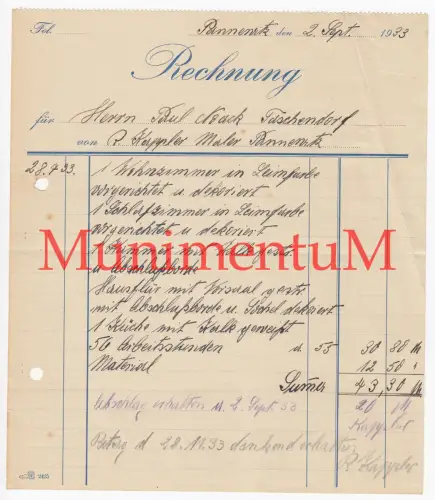Maler Kappler PANNEWITZ Rechnung Offerte Briefbogen Reklame Werbung 1933
