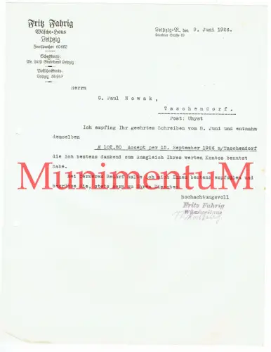 Wäsche-Haus Fritz Fahrig LEIPZIG - Rechnung Offerte Briefbogen 1926