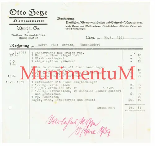 Klempnermeister Otto Hetze UHYST i. Sa. Fahrrad-Reparaturen - Rechnung 1939