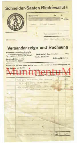 Schneider-Saaten NIEDERWALLUF ELTVILLE Nieder-Walluf a. Rhein - Rechnung 1935