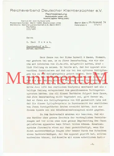 Reichsverband Deutscher Kleintierzüchter BERLIN Schlichtung TASCHENDORF BISMARK