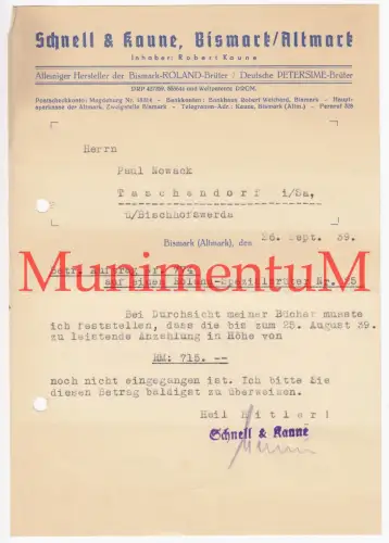 Schnell & Kaune BISMARCK / BISMARK Altmark - Mahnung Rechnung Briefbogen